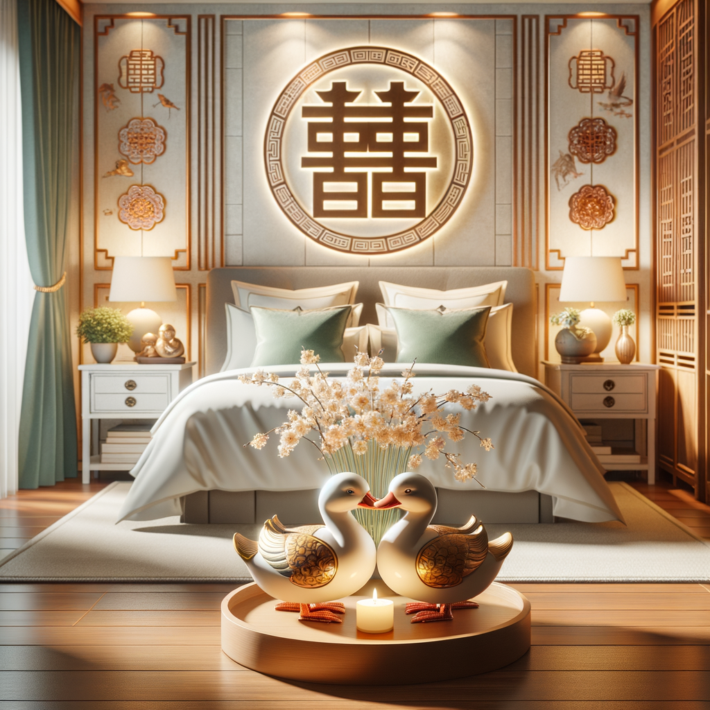 Feng Shui for love and marriage scene featuring Mandarin ducks, double happiness sign, and balanced decor to illustrate Feng Shui marriage tips for attracting love, ensuring successful marriage, and boosting relationship luck.