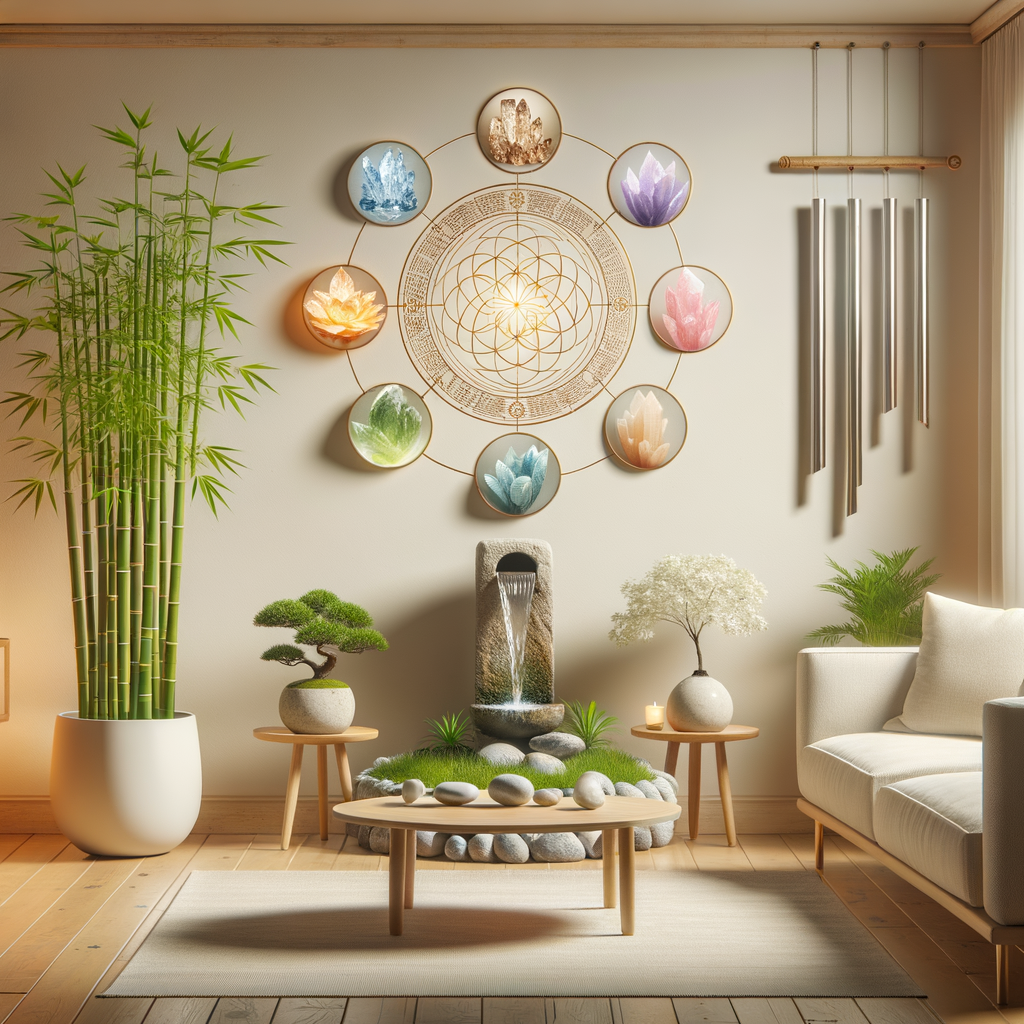 Feng Shui decor essentials including bamboo plant, crystals, wind chimes, and water fountain, strategically placed in a clutter-free, well-lit living room to boost positive energy and positivity for a harmonious home.