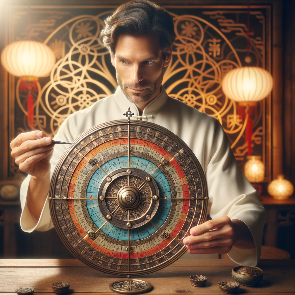 Professional demonstrating Feng Shui compass usage for enhancing energy flow, providing Feng Shui compass guide and tips for optimal Feng Shui energy improvement.