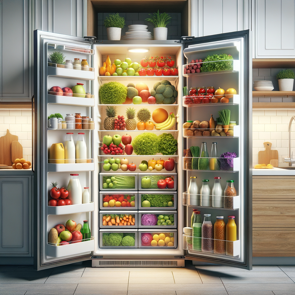 Feng Shui fridge organization with fresh food storage, demonstrating Feng Shui kitchen tips for positive energy flow and strategic refrigerator placement.