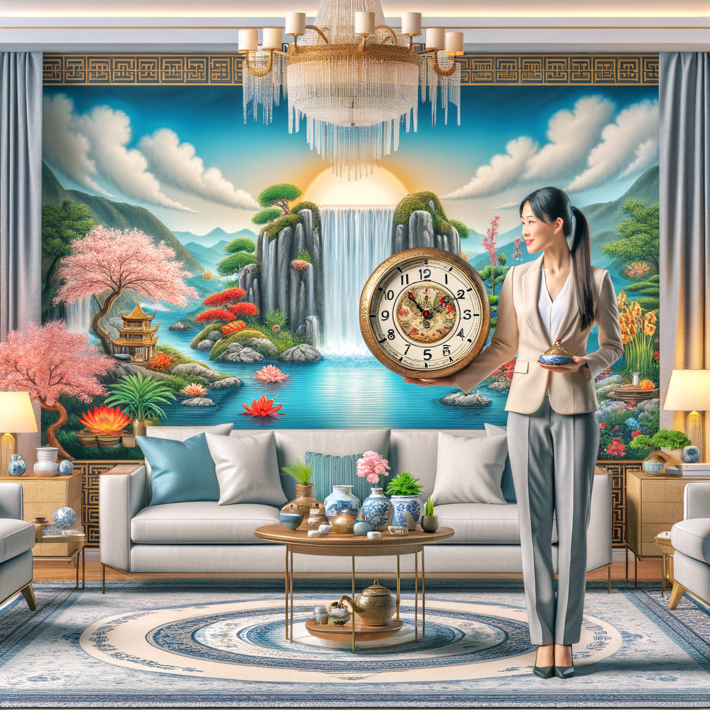Feng Shui consultant demonstrating clock positioning for prosperity, highlighting Feng Shui prosperity tips and the importance of clock placement for wealth.