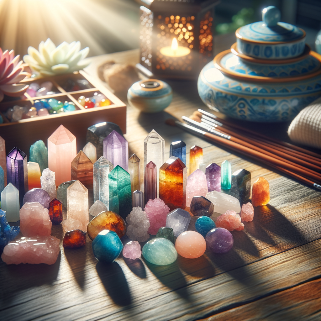 Vibrant healing crystals arranged in a Feng Shui pattern on a wooden table, symbolizing mental health improvement and wellbeing benefits of Feng Shui crystal healing techniques.