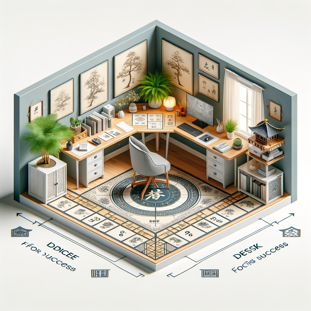 Harmonious Feng Shui home office design with optimal Feng Shui desk setup and layout, showcasing key home office Feng Shui tips for improving office Feng Shui and promoting success in the workspace.