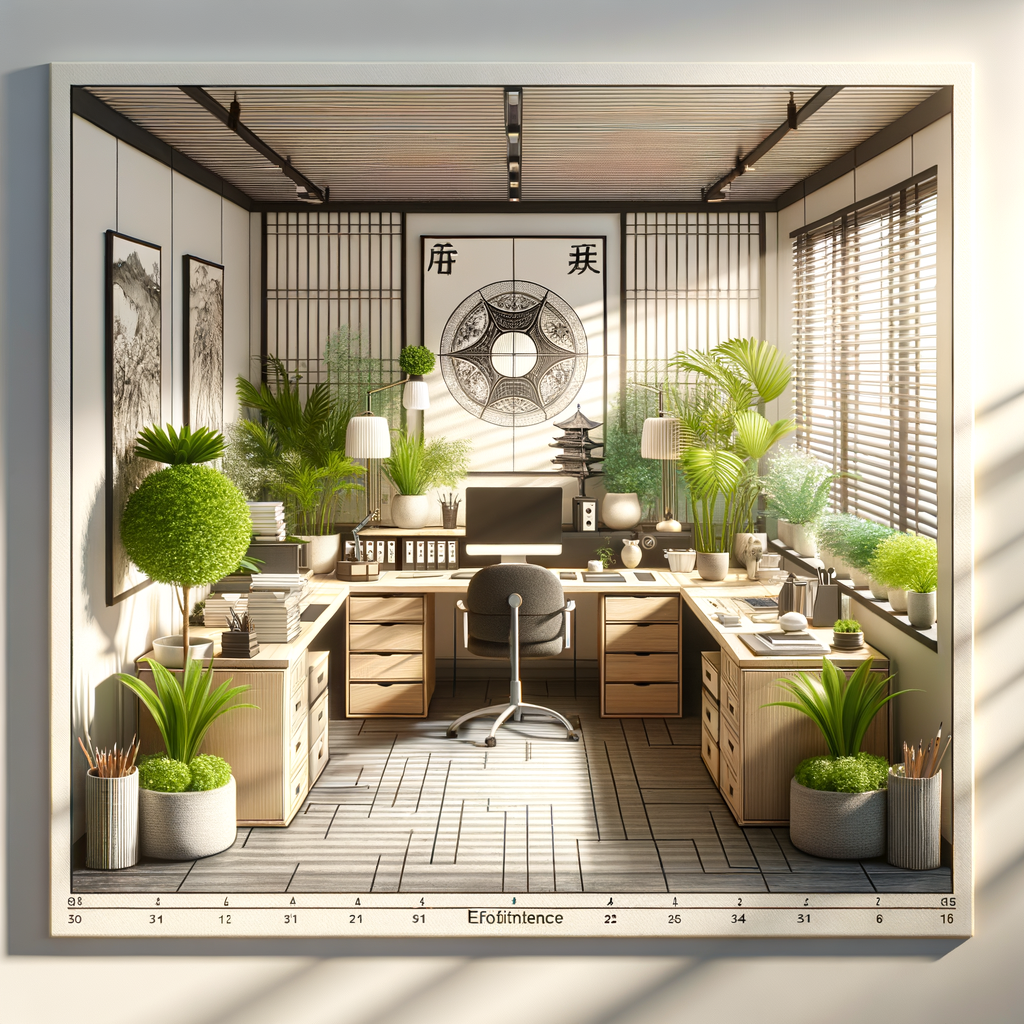 Feng Shui office layout designed for business success and productivity, featuring well-organized desk, strategically placed plants, and natural light to improve productivity with Feng Shui tips.