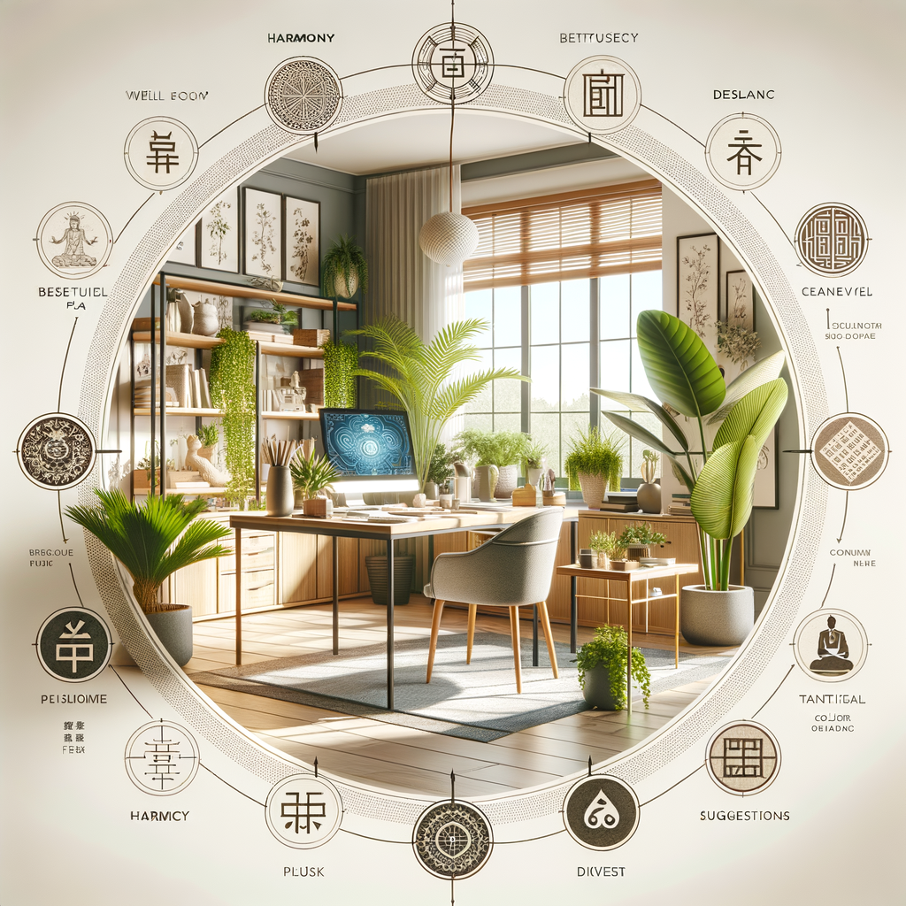 Feng Shui home office design using Feng Shui principles to boost creativity and productivity, featuring a Feng Shui office layout, balanced color scheme, plants, and Feng Shui symbols for improving home office environment.