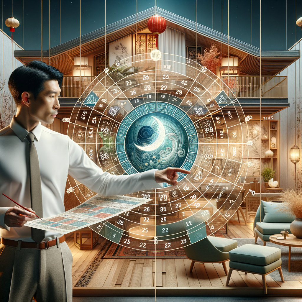 Feng Shui master pointing at 2023 lunar calendar, indicating auspicious time to move house, with Feng Shui house moving tips and 2023 Feng Shui predictions in harmonious home background.