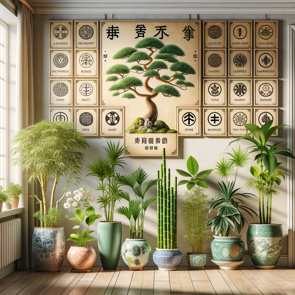Assortment of Feng Shui plants for good luck including lucky bamboo, jade plant, and money tree in an indoor setting, symbolizing Feng Shui prosperity and plant symbolism, labeled with their Feng Shui plant meanings for good luck Feng Shui tips.