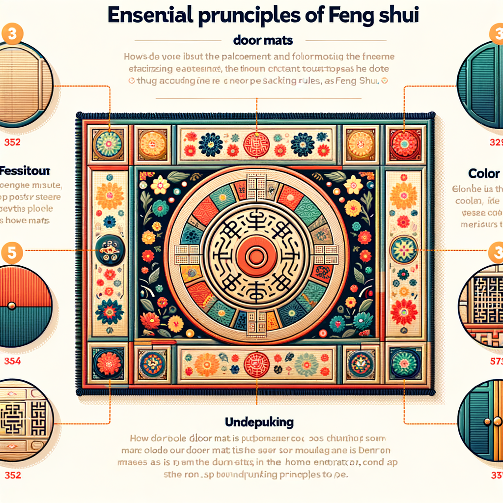 Infographic illustrating Feng Shui door mat rules, demonstrating the importance of door mats in Feng Shui with tips on optimal placement and color selection, and highlighting Feng Shui principles for home entrance.