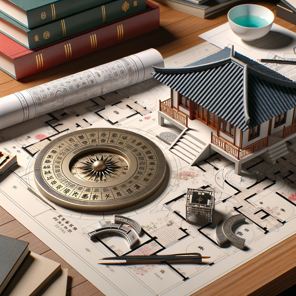Architect's desk with a detailed Feng Shui house layout, 3D model of a good Feng Shui house plan, and a book on applying Feng Shui principles in architecture, illustrating the benefits and guidelines of Feng Shui in home design.