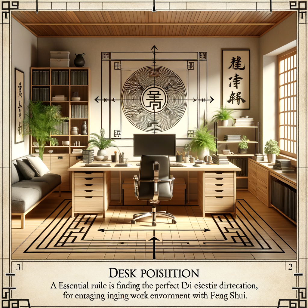Optimal Feng Shui desk positioning in a well-organized office layout, maximizing Feng Shui benefits for productivity and providing office Feng Shui tips.