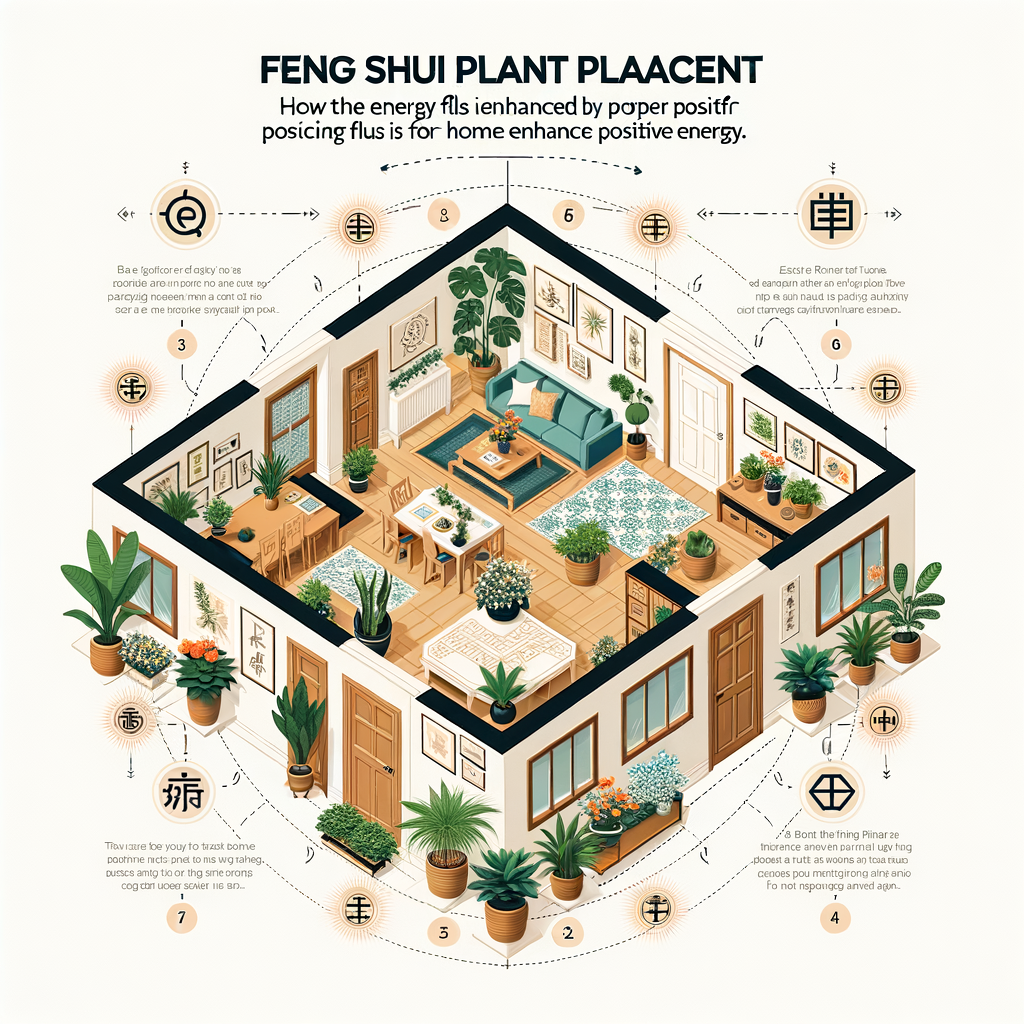 Infographic illustrating best Feng Shui plant placement in a home for maximizing positive energy and enhancing energy flow, demonstrating the power of positioning Feng Shui plants for positivity.