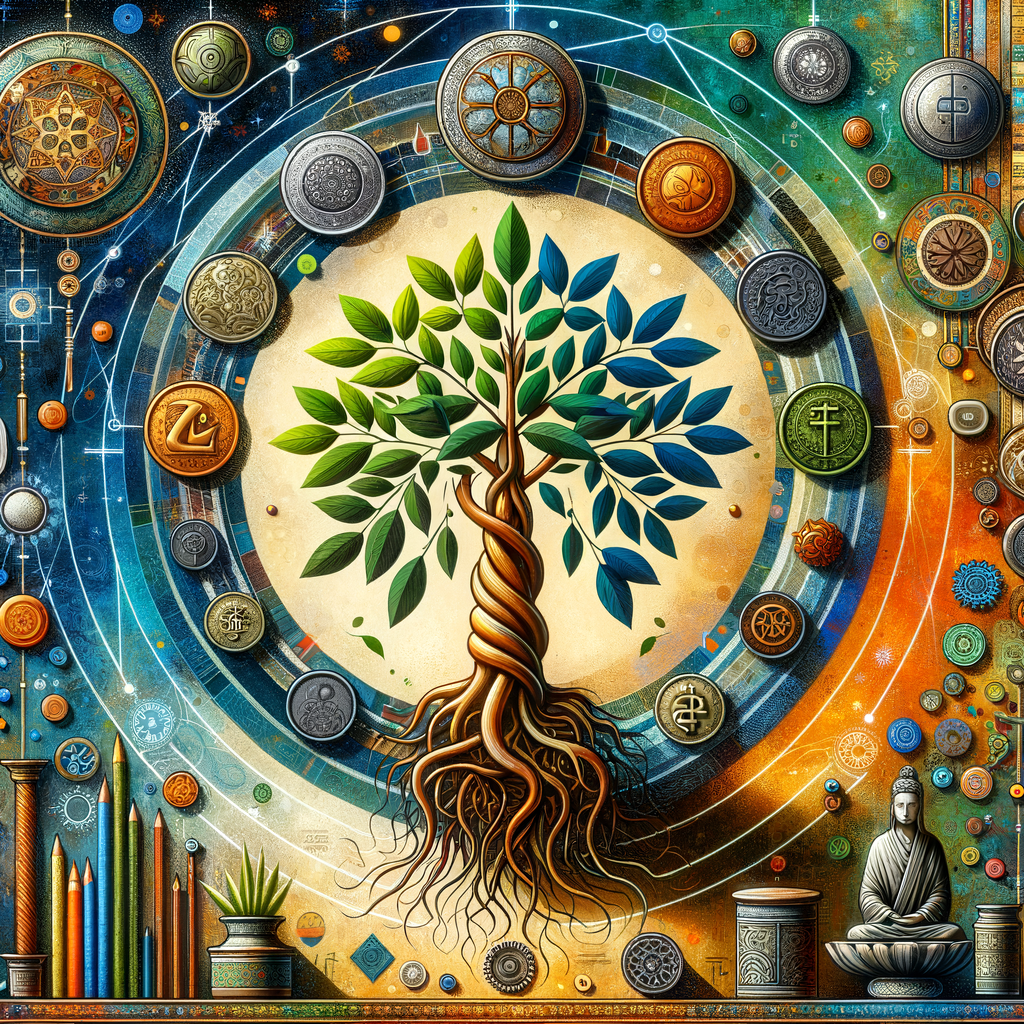 Vibrant Money Tree Plant with braided trunk surrounded by cultural and spiritual symbols, illustrating the diverse Money Tree Plant Symbolism and its significance in various cultures and spiritual practices.