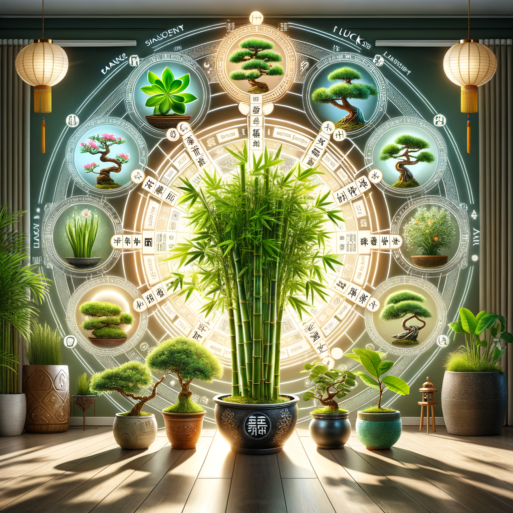 Collection of Feng Shui plants for luck including bamboo, jade, and money tree, labeled with their symbolism as good luck symbols in Feng Shui practices, showcasing the role of these lucky plants in bringing prosperity and good fortune.