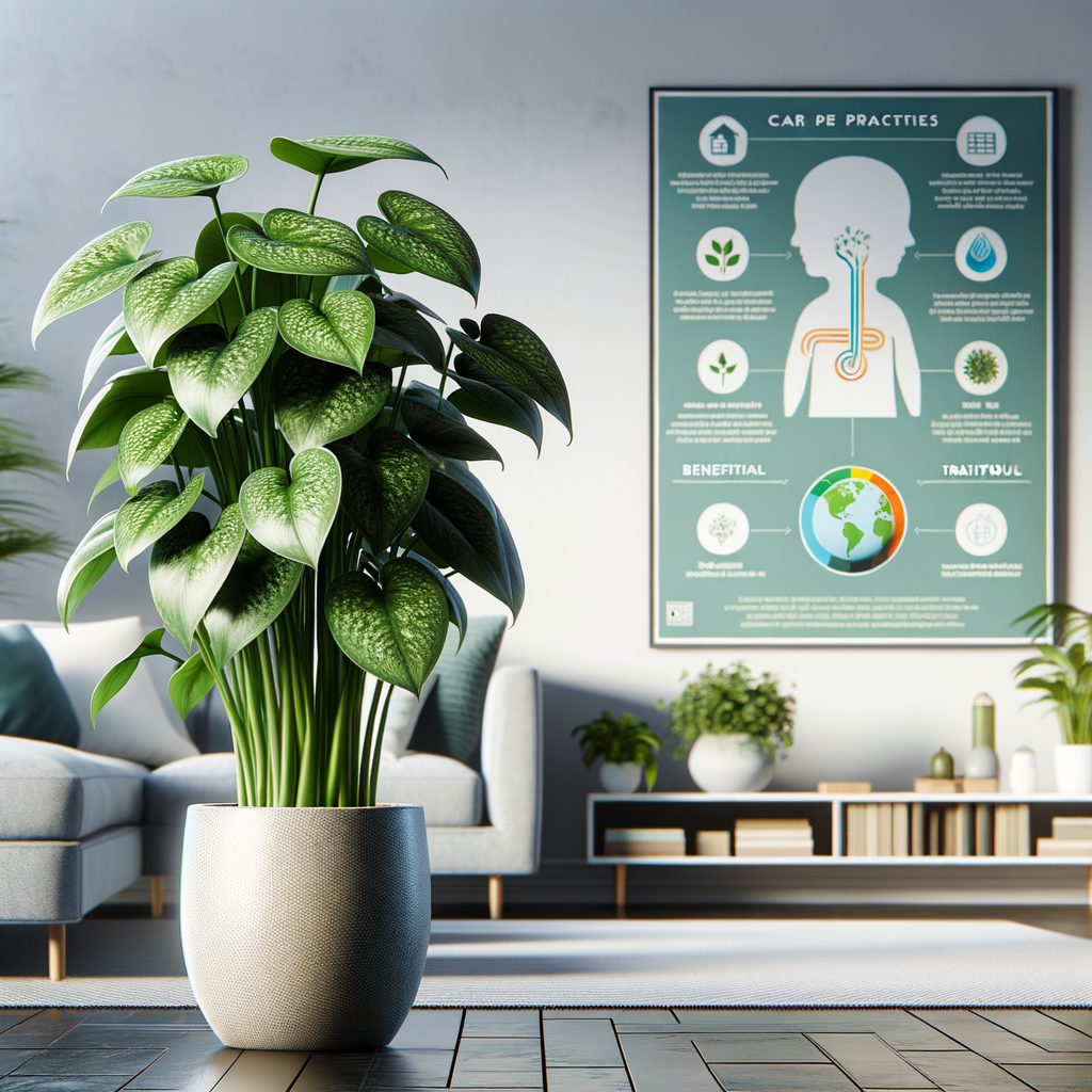 Pothos plant thriving in a modern living room, symbolizing its role as a natural air purifier, enhancing indoor air purification and home air quality, with a Pothos plant care infographic in the background.