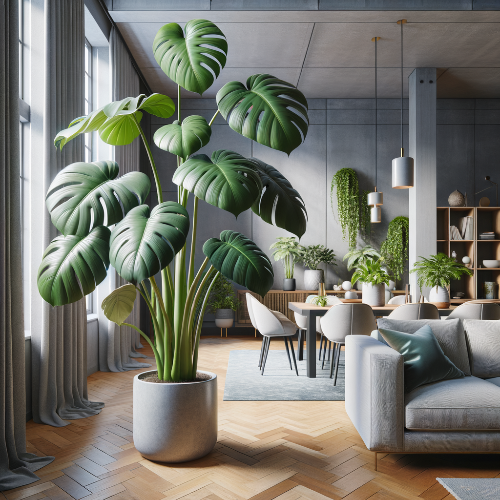 Healthy Monstera Deliciosa indoor plant in a modern living room, illustrating the benefits and advantages of owning and caring for such a plant.