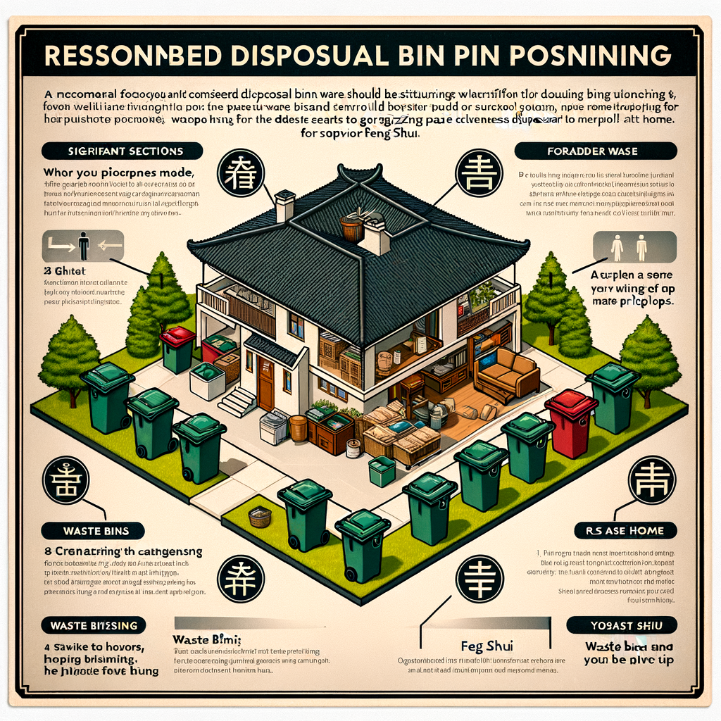 Infographic illustrating optimal Feng Shui trash bin placement in a home layout for cleanliness and waste management, serving as a guide to Feng Shui principles for trash bins.
