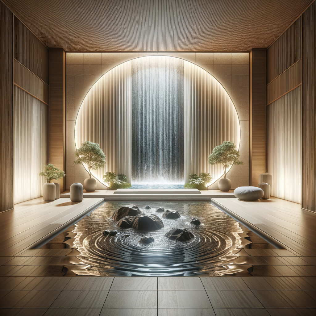 Feng Shui water element represented by a harmonious indoor waterfall, showcasing the role and symbolism of water in Feng Shui design and principles.