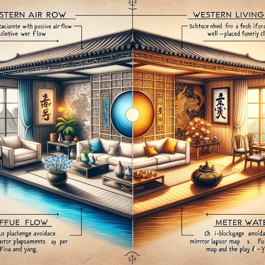 Comparison of Western Feng Shui and Traditional Feng Shui styles in modern and traditional Asian living rooms, illustrating Feng Shui principles and approaches in interior design for choosing between Western vs Traditional Feng Shui techniques and methods.